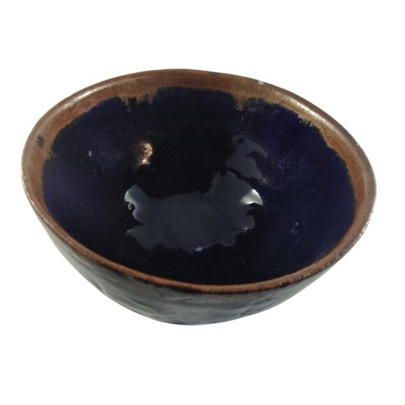Handcrafted Blue & Brown Artist Signed Ceramic Bowl-Small Chip on Rim - Picture 4 of 12